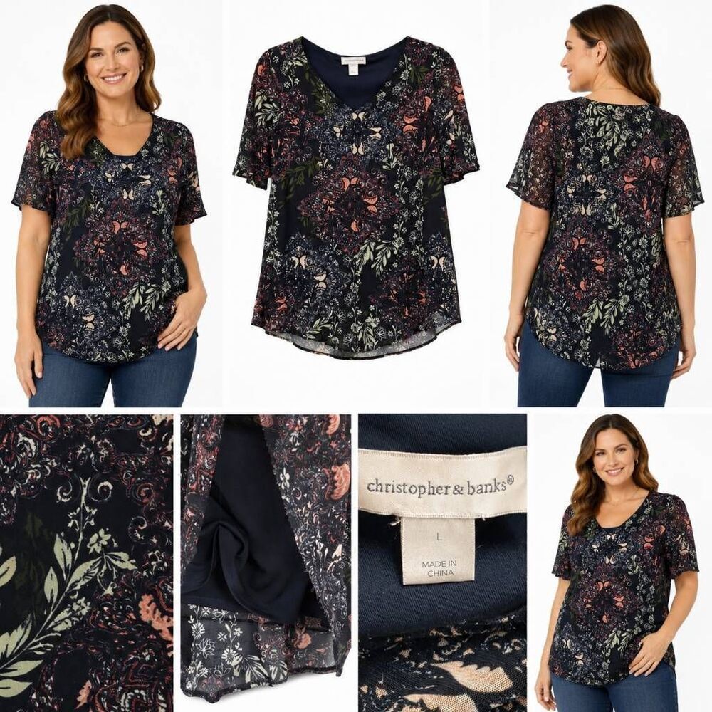 Christopher & Banks Floral V-Neck Blouse L Sheer